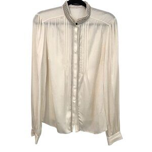 Elie Tahari Ivory Silk Long Sleeve Pintuck Blouse Embroidered Lurex Trim Size M